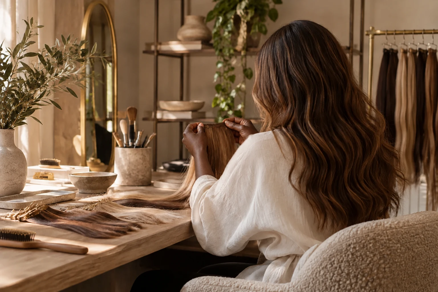 AI-generated illustration of an adult woman working on hair extensions, viewed from behind